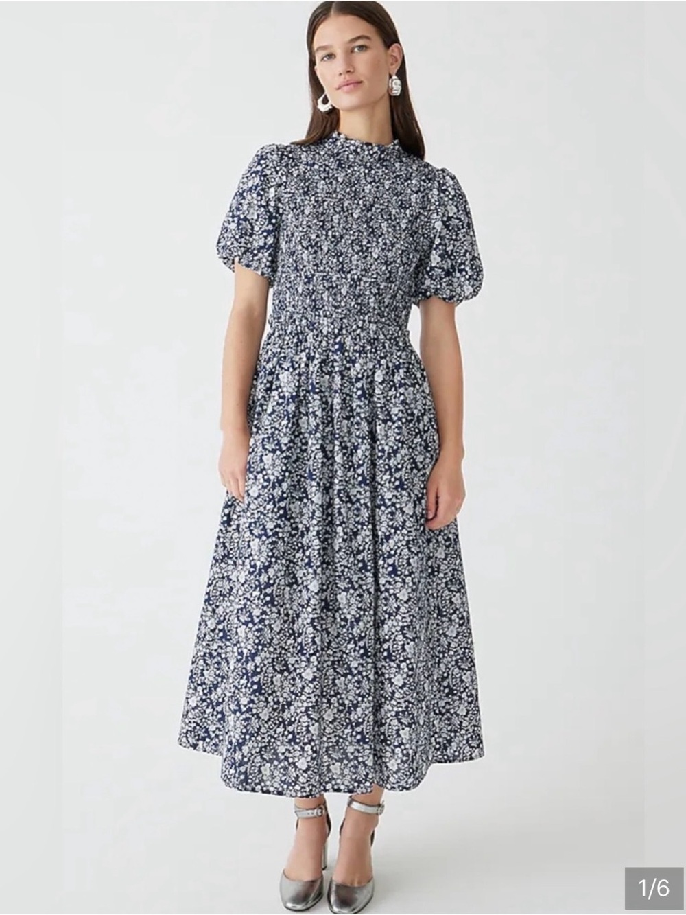 J. Crew Made With Liberty Fabric Navy Floral Smocked Midi Dress